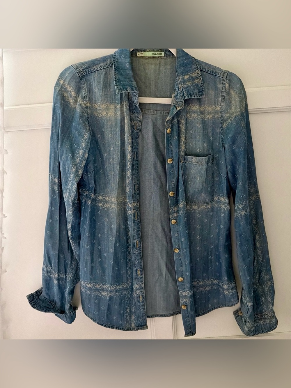 Chambray Button-Up Shirt with cream distressed Detail